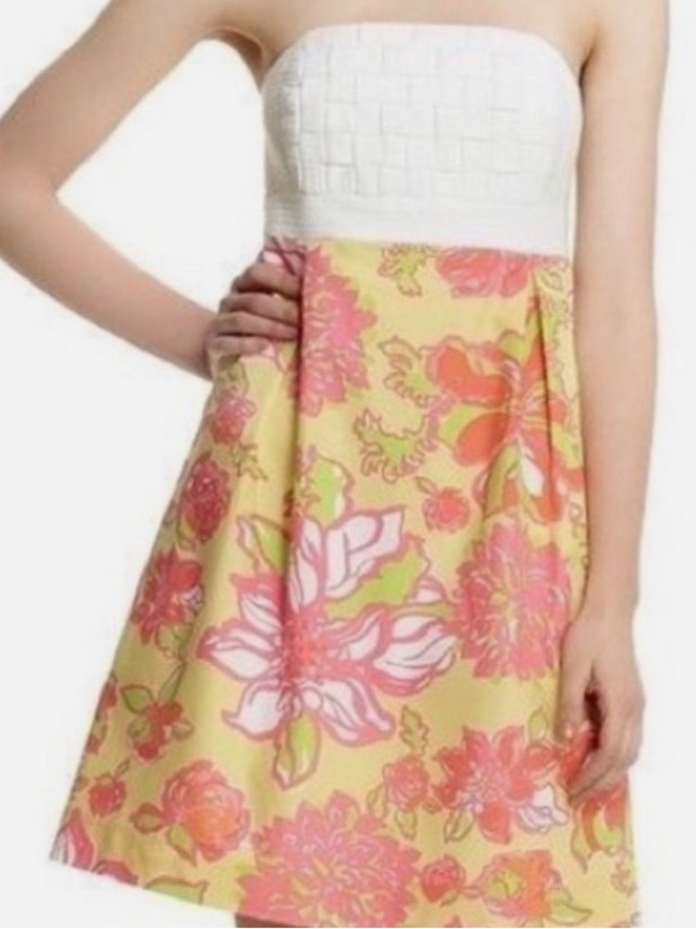 Lilly Pulitzer Strapless Floral Yellow & Pink Sundress with White Woven Bodice